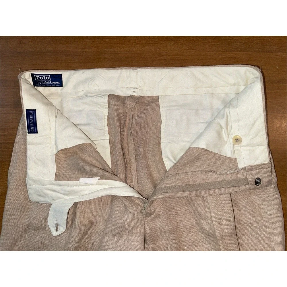 Vintage Polo Ralph Lauren Linen Pants Men 32x30 Beige USA Pleats Cuffed Pockets